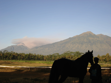 Mount Merapi and Mount Merbabu seen from the race track